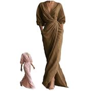 Abito extra lungo da donna in lino e cotone con scollo a V, maniche lunghe, increspato, cravatta in vita, asimmetrico, orlo diviso, retrò, elegante, per feste, Caff, XXL