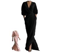 Abito extra lungo da donna in lino e cotone con scollo a V, maniche lunghe, increspato, cravatta in vita, asimmetrico, orlo diviso, retrò, elegante, per feste, Nero , XXL