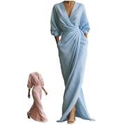 Abito extra lungo da donna in lino e cotone con scollo a V, maniche lunghe, increspato, cravatta in vita, asimmetrico, orlo diviso, retrò, elegante, per feste, blu cielo, XXL