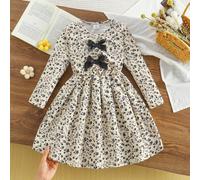 Abito floreale carino per ragazze giovani, con scollo a V e fiocco decorativo, stile casual e dolce, adatto per uso quotidiano e all'aperto, regalo 6Y,7Y,4Y,5YHalloweenPoliestere
