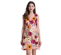 Abito floreale da sera elegante e alla moda, per cocktail, matrimonio, ballo di fine anno, scollo rotondo, a maniche corte, con cintura a buon mercato, beige, S
