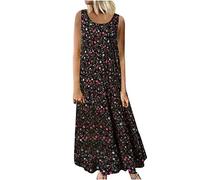 Abito Floreale Estivi Donna, 2024 Abiti Offerte di Primavera in Lino Spiaggia Caftano a Senza Maniche Abito Casual Oversize Elegante Girocollo Abito Largo con Tasche Boho Fresco Vacanza Vestito