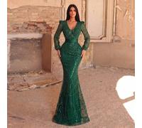 Abito formale lungo con paillettes per donna, con scollo a V profondo, maniche a vescovo eleganti e orlo a sirena per un look raffinato, adatto per feste, vacanze e matrimoni L,M,S,XLStampa CasualePai