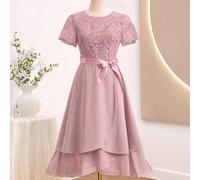 Abito formale rosa per adolescenti, abito elegante con patchwork in pizzo e chiffon con orlo asimmetrico, tessuto leggero e morbido, abito per il ritorno a scuola, stagione dei matrimoni 14Y,13Y,16Y,1