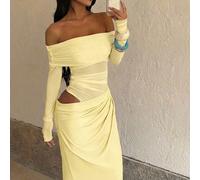 Abito giallo con spalle scoperte e design traforato di WOWDARK, elegante abito lungo aderente da donna, adatto per San Valentino, appuntamenti, raduni, feste, viaggi, vacanze, matrimoni primaverili su