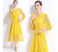 Abito Giallo In Pizzo Ricamato Maniche Velate Elegante Stile Romantico CF46767