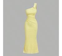 Abito giallo monospalla con texture floreale, decorazioni floreali e orlo a sirena - perfetto per l'estate, appuntamenti, feste, picnic, vacanze, festival, compleanni, vacanze al mare, festival di mus