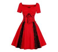 Abito gotico da donna a maniche corte, abito steampunk da donna con lacci, abbigliamento medievale rinascimentale per donne punk, abito da festa di Halloween, Carnevale, Colore: rosso, M