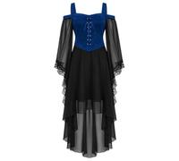Abito gotico da donna con lacci e maniche in pizzo, taglio vokuhila | sovrapposizione in chiffon, design senza spalline, allacciatura frontale, orlo in pizzo sulle maniche, orlo a vokuhila