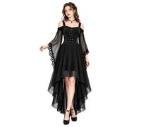 Abito gotico da donna con lacci e maniche in pizzo, taglio vokuhila | sovrapposizione in chiffon, design senza spalline, allacciatura frontale, orlo in pizzo sulle maniche, orlo a vokuhila
