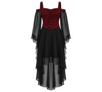Abito gotico da donna con lacci e maniche in pizzo, taglio vokuhila | sovrapposizione in chiffon, design senza spalline, allacciatura frontale, orlo in pizzo sulle maniche, orlo a vokuhila