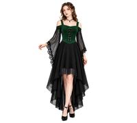 Abito gotico da donna con lacci e maniche in pizzo, taglio vokuhila | sovrapposizione in chiffon, design senza spalline, allacciatura frontale, orlo in pizzo sulle maniche, orlo a vokuhila