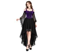 Abito gotico da donna con lacci e maniche in pizzo, taglio vokuhila | sovrapposizione in chiffon, design senza spalline, allacciatura frontale, orlo in pizzo sulle maniche, orlo a vokuhila