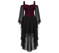 Abito gotico da donna con lacci e maniche in pizzo, taglio vokuhila | sovrapposizione in chiffon, design senza spalline, allacciatura frontale, orlo in pizzo sulle maniche, orlo a vokuhila