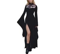 Abito gotico da donna con spaccato, abito da vampiro, da donna con maniche a tromba, collo alto, sexy, da strega, cosplay, maxi abito per Halloween, nero, per feste, carnevale, costume, Nero , M