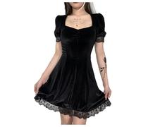 Abito gotico da donna, in pizzo, sexy, linea A, vintage, a maniche corte, mini abito chic ed elegante, per feste, cocktail, serata, medievale, rinascimentale, travestimento, costume Halloween, Nero
