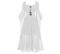 Abito gotico da donna, maniche a tromba, abito medievale, sexy, vintage, con lacci, taglio fluido, Halloween, costume chic corte rinascimentale, carnevale, cosplay, Patchwork cocktail party, bianco, M