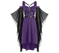 Abito gotico da donna, vintage, nero, medievale, a maniche pipipistrello, in vita, retrò, maxi abito da strega, per cosplay, per feste di Halloween, feste, Lilla, M