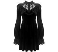 Abito Gotico da Strega Nero in Velluto con Pizzo e Maniche Lunghe per Vampiri