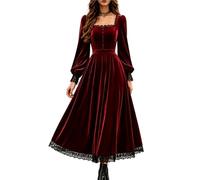 Abito Gotico in Velluto da Donna a Maniche Lunghe Rinascimentale e Fiabesco | Abito in velluto da donna, maniche lunghe a sbuffo, scollo a V con dettagli in pizzo, vita smock e linea svasata a trapezio.