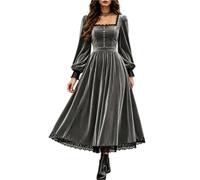 Abito Gotico in Velluto da Donna a Maniche Lunghe Rinascimentale e Fiabesco | Abito in velluto da donna, maniche lunghe a sbuffo, scollo a V con dettagli in pizzo, vita smock e linea svasata a trapezio.