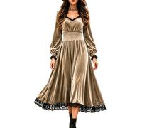 Abito Gotico in Velluto da Donna a Maniche Lunghe Rinascimentale e Fiabesco | Abito in velluto da donna, maniche lunghe a sbuffo, scollo a V con dettagli in pizzo, vita smock e linea svasata a trapezio.