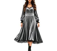 Abito Gotico in Velluto da Donna a Maniche Lunghe Rinascimentale e Fiabesco | Abito in velluto da donna, maniche lunghe a sbuffo, scollo a V con dettagli in pizzo, vita smock e linea svasata a trapezio.