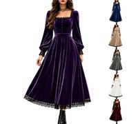 Abito Gotico in Velluto da Donna a Maniche Lunghe Rinascimentale e Fiabesco | Abito in velluto da donna, maniche lunghe a sbuffo, scollo a V con dettagli in pizzo, vita smock e linea svasata a trapezio.
