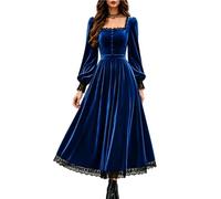 Abito Gotico in Velluto da Donna a Maniche Lunghe Rinascimentale e Fiabesco | Abito in velluto da donna, maniche lunghe a sbuffo, scollo a V con dettagli in pizzo, vita smock e linea svasata a trapezio.