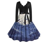 Abito gotico, lungo, da donna, sexy, elegante, da cocktail, con stampa a pipistrello, per Halloween, swing, con scollo a V, a vita alta, per il tempo libero, con fiocco, Azzurro, 3XL