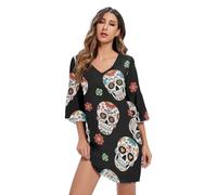 Abito hawaiano stampato con scollo a V casual nero floreale con teschi di zucchero, Sugar Skulls Floral Black-5, M