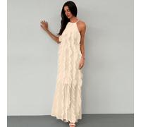 Abito in chiffon elegante con decorazioni arricciate a strati e schiena scoperta, stile da dea, adatto per la primavera e l'estate L,M,S,XSChiffon