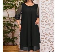 Abito in chiffon nero con patchwork in pizzo taglie forti, elegante e formale per l'estate, adatto come ospite di matrimonio, con scollo rotondo, maniche trasparenti, stile modesto per l'ufficio e il 