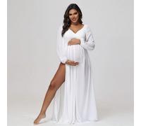 Abito in chiffon trasparente con maniche a lanterna, scollo a V e spacco laterale, adatto per servizi fotografici di maternità e eventi festa di nascità, primavera bianco L,M,S,XLChiffon