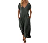 Abito in cotone lino da donna chic ed elegante a maniche corte maxi abito morbido scollo a V in vita elasticizzata tunica vestito swing una linea tinta unita camicia da notte spiaggia