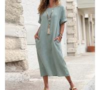 Abito in cotone verde menta e verde salvia a girocollo, manica corta, ampio, stile pastorale in lino, abito casual da resort di taglia grande per primavera ed estate 0XL,1XL,2XL,3XL,4XL,5XLColore unic