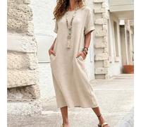 Abito in cotone verde menta & verde salvia con scollo a girocollo e maniche corte, stile pastorale in lino, taglie forti, abito casual da resort per primavera & estate 0XL,1XL,2XL,3XL,4XLColore unicoT