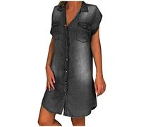 Abito in jeans da donna, estivo, lunghezza al ginocchio, in jeans, a maniche corte, stile vintage, elegante, in denim, Nero , S