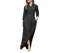Abito in jeans da donna, estivo, lungo, maxi abito estivo, taglie grandi, con bottoni, abito da sera lungo, linea A, maxi in denim, camicia, Nero , L
