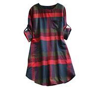 Abito in lana da donna, casual, a maniche lunghe, ampio, a quadri, abito longuette da donna, Rosso, M