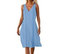 Abito in lino con scollo a V per donna autunno estate senza maniche lungo abito basic donna 2026 moda, W-692 Blu Reale, 4XL
