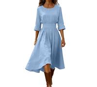 Abito in lino, da donna, a maniche lunghe, in cotone, leggero, in lino, tinta unita, linea ad A, per il tempo libero, con tasche, traspirante, scollo rotondo, Azzurro, S