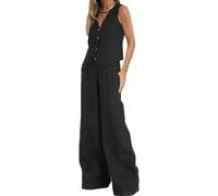 Abito in Lino da Donna Elegante per il Tempo Libero Completo Estivo in Lino in Due Pezzi Blazer Senza Maniche Gilet e Pantaloni con Scollo a V Completo in 2 Pezzi Tailleur Casual Tinta Unita(Black,XL)