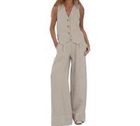 Abito in Lino da Donna Elegante per il Tempo Libero Completo Estivo in Lino in Due Pezzi Blazer Senza Maniche Gilet e Pantaloni con Scollo a V Completo in 2 Pezzi Tailleur Casual Tinta Unita(Beige,M)