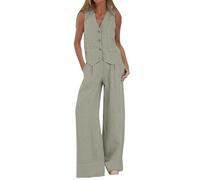 Abito in Lino da Donna Elegante per il Tempo Libero Completo Estivo in Lino in Due Pezzi Blazer Senza Maniche Gilet e Pantaloni con Scollo a V Completo in 2 Pezzi Tailleur Casual Tinta Unita(Gray,XL)