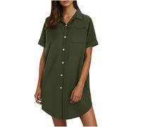 Abito in lino da donna, estivo, a maniche corte, in cotone e lino, lunghezza al ginocchio, a tunica, per il tempo libero, tinta unita, abito corto, verde militare, S