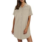 Abito in lino da donna, estivo, a maniche corte, in cotone e lino, lunghezza al ginocchio, a tunica, per il tempo libero, tinta unita, abito corto, beige., S