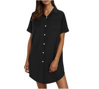 Abito in lino da donna, estivo, a maniche corte, in cotone e lino, lunghezza al ginocchio, a tunica, per il tempo libero, tinta unita, abito corto, Nero , S