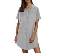 Abito in lino da donna, estivo, a maniche corte, in cotone e lino, lunghezza al ginocchio, a tunica, per il tempo libero, tinta unita, abito corto, grigio., S