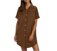 Abito in lino da donna, estivo, a maniche corte, in cotone e lino, lunghezza al ginocchio, a tunica, per il tempo libero, tinta unita, abito corto, caffè, L